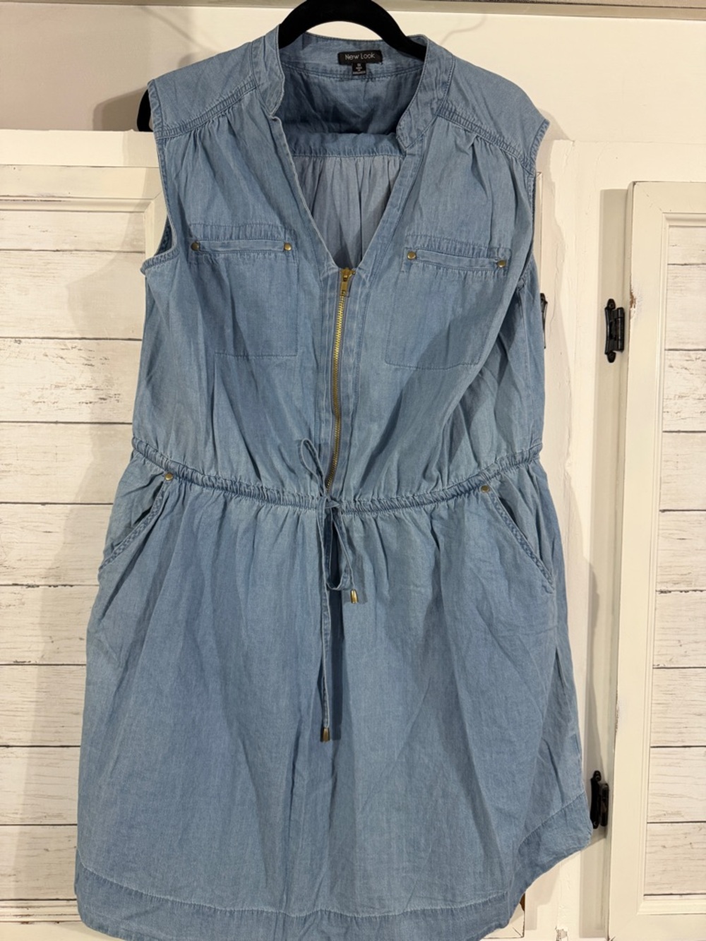 New Look Chambray Zip Front Dress 1X Sleeveless Denim Elastic Waist Pockets